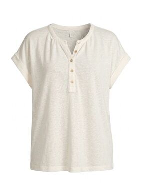 LOFT Ivory Slub Knit Henley Top Cuffed Dolman Short Sleeve Gold Button Medium
